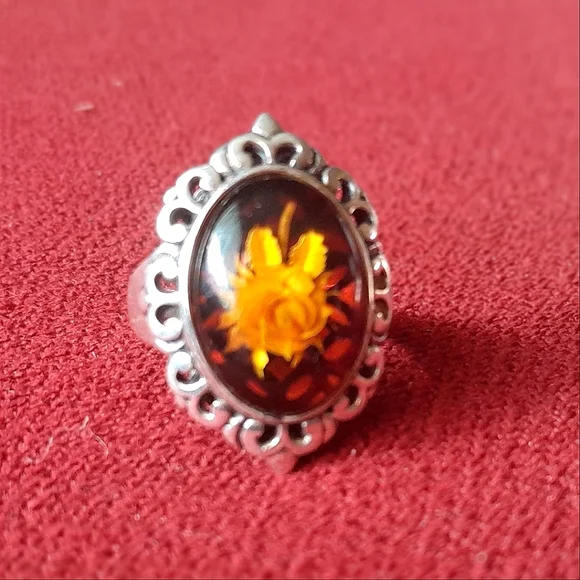 Sold! Sterling Amber Rose Intaglio Ring - Picture 2 of 4